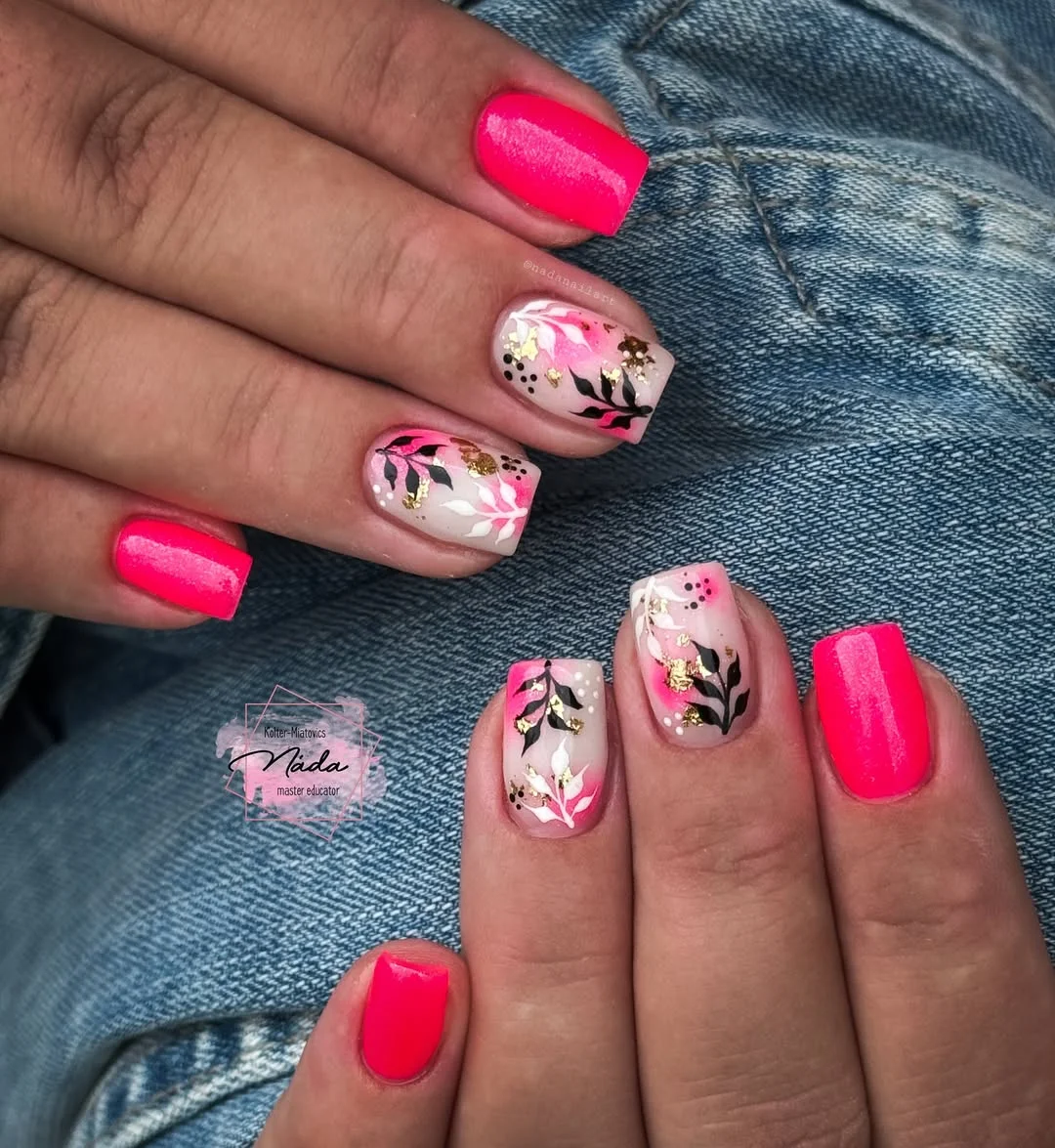 summer nail art 2026 Hot Pink Botanical Nails That Glow Against Summer Denim