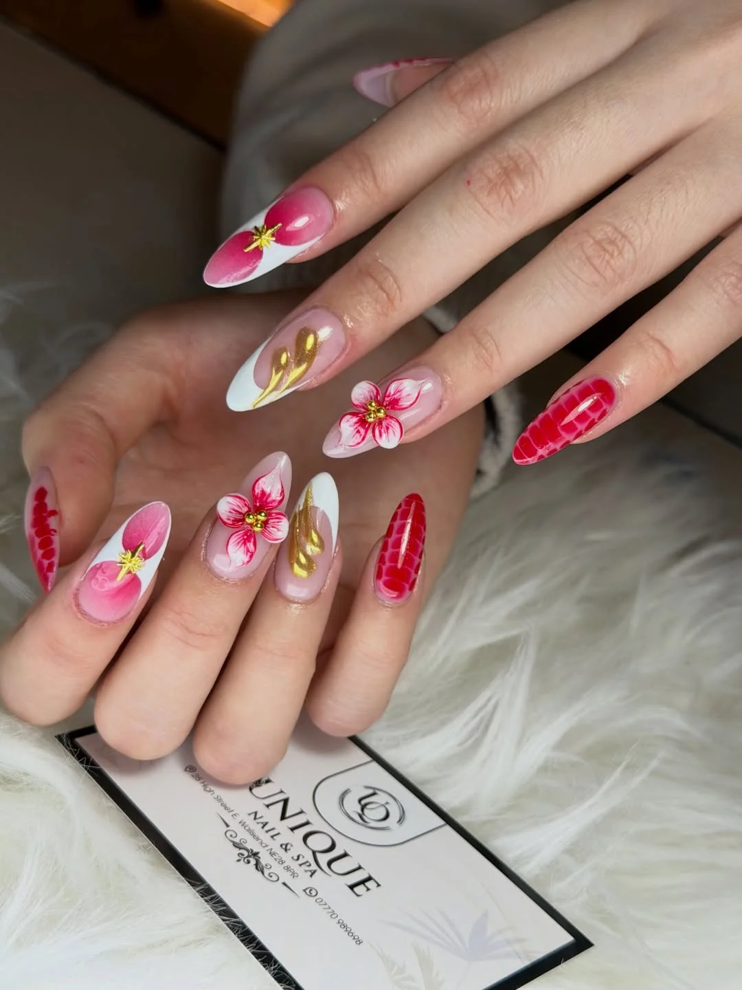 23 Summer nail art ideas 2026 Pink Hibiscus Nails With Tropical Sunset Energy
