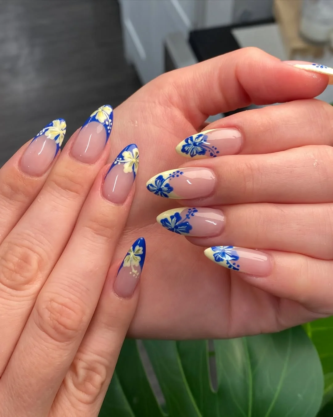 23 Summer nail art ideas 2026 Blue Floral French Tips With Mediterranean Summer Vibes