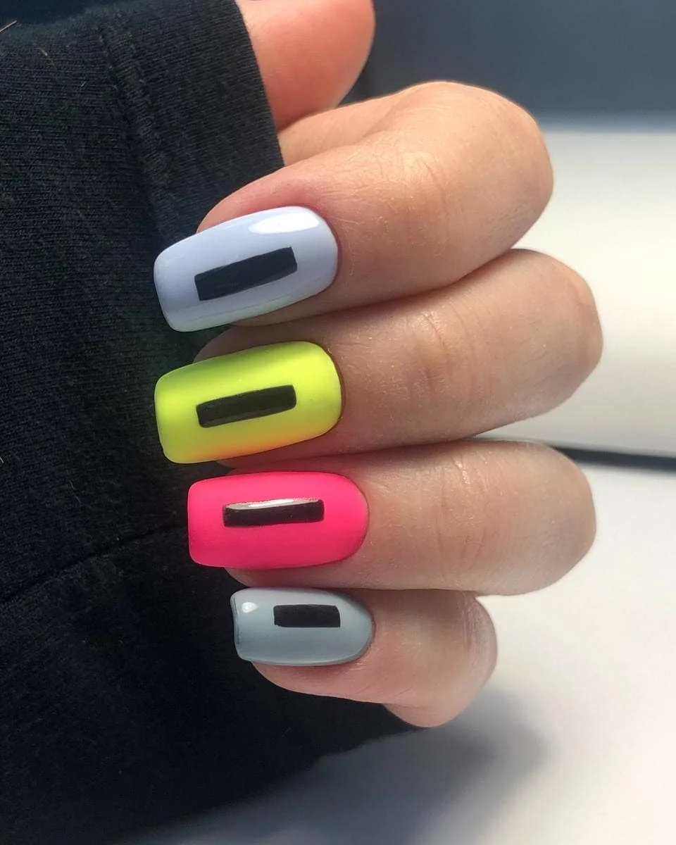 24 summer nail colors 2026 Graphic Neon Block Nails That Feel Straight Out of a Futuristic Runway