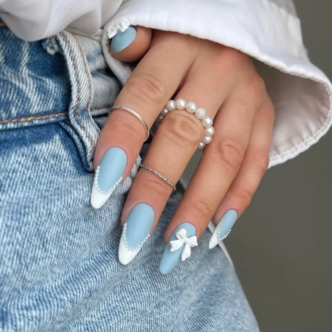 24 summer nail colors 2026 Powder Blue Bow Nails That Feel Sweet Without Looking Childish