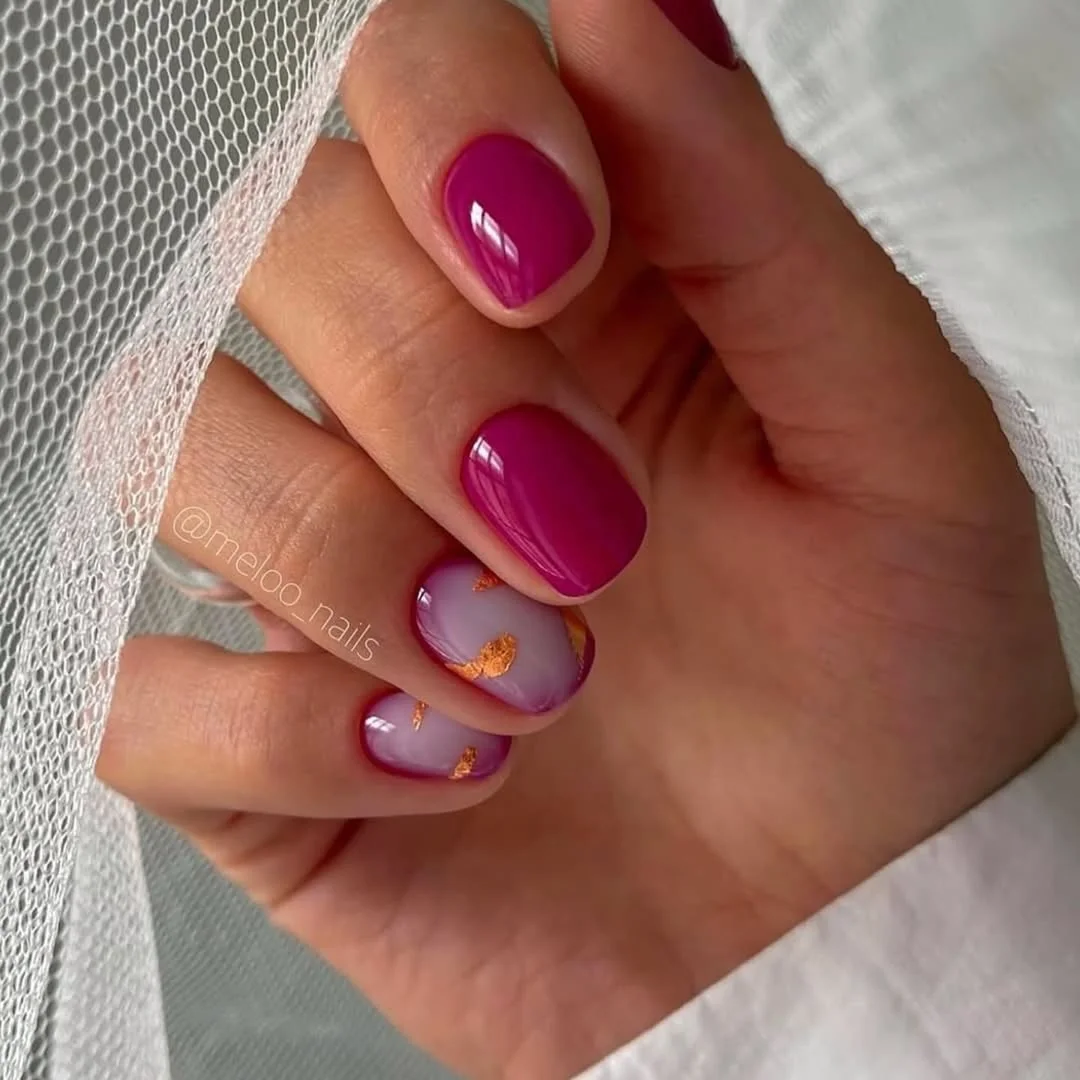 24 summer nail colors 2026 Berry Pink Gloss Nails With Gold Foil That Instantly Brighten the Hands