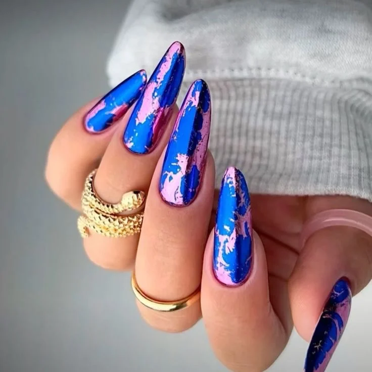 24 summer nail colors 2026 Electric Blue Marble Nails That Feel Like Summer After Dark