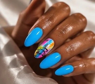24 summer nail colors 2026 Sky Blue Almond Nails With a Tiny Burst of Abstract Art
