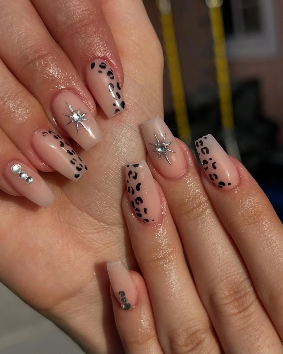 20 summer nails ballerina shape 2026 Leopard Details and Crystal Stars with a Chic Twist
