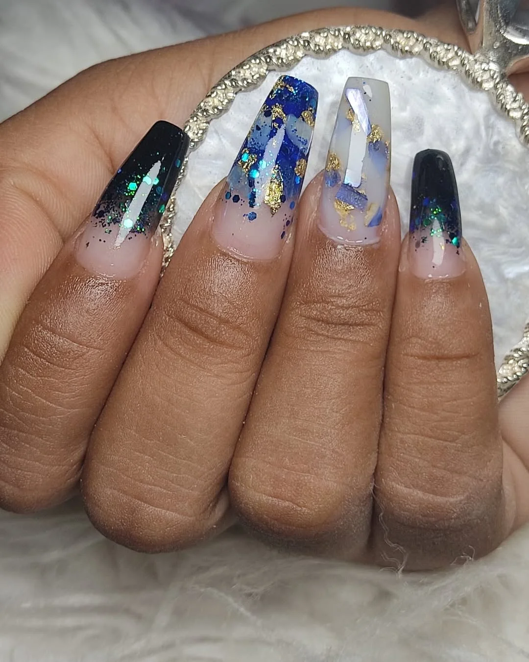 20 summer nails ballerina shape 2026 Blue Foil Art Inspired by Ocean Reflections