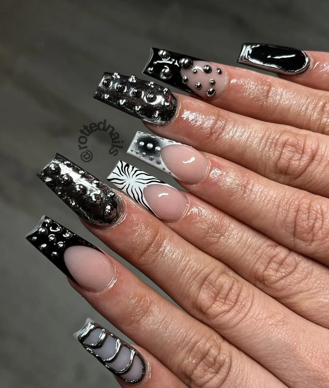 20 summer nails ballerina shape 2026 Graphic Black and White Nails with Contemporary Texture