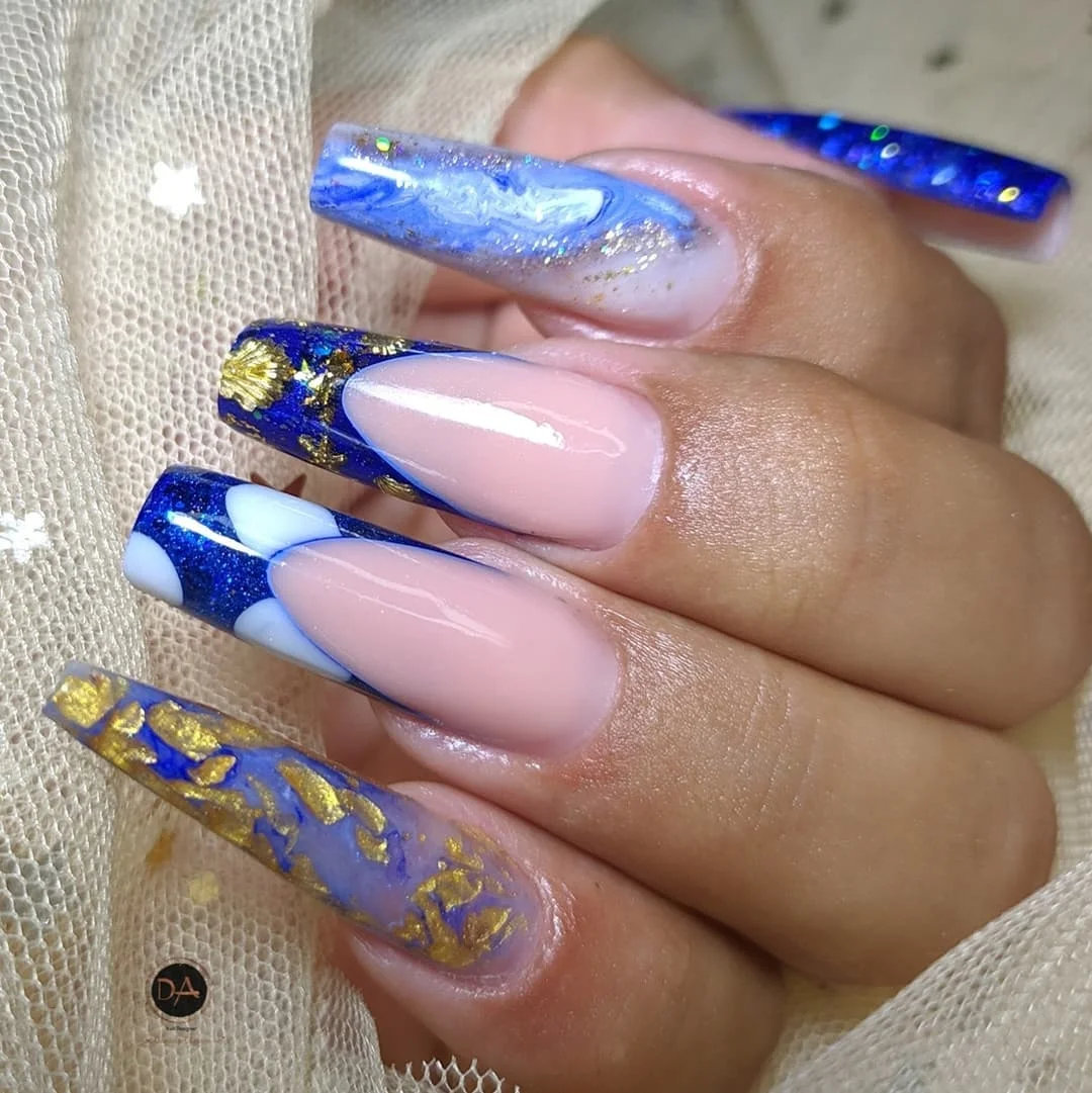 20 summer nails ballerina shape 2026 Royal Blue Marble Nails with Golden Foil Accents