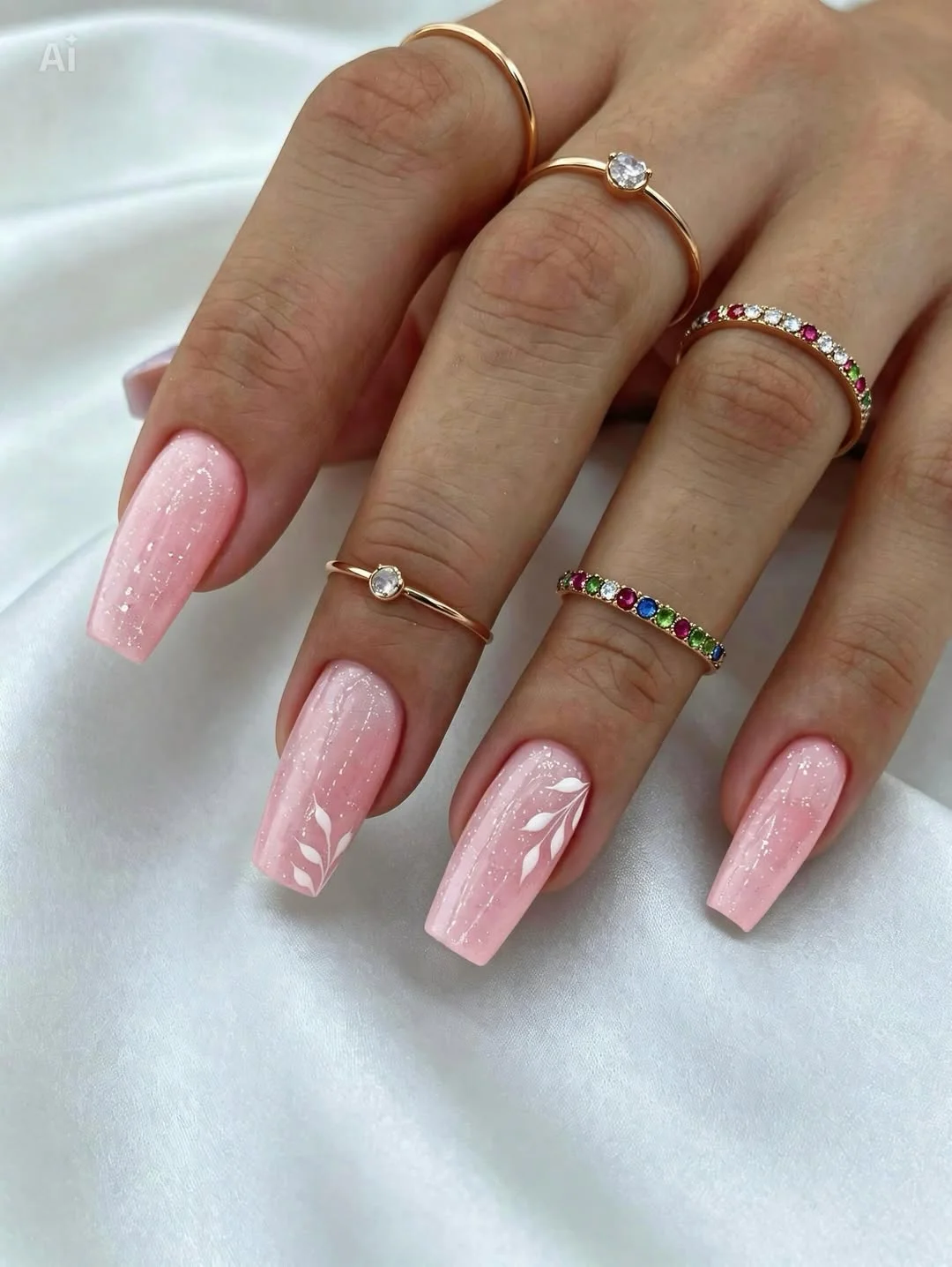 20 summer nails ballerina shape 2026 Soft Pink Shimmer with Delicate Botanical Elegance