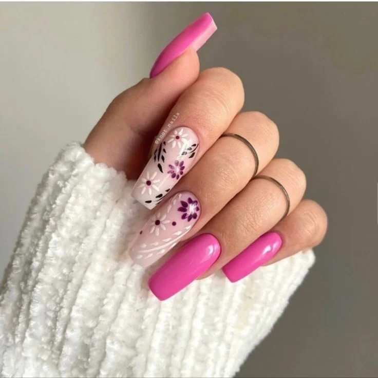 20 summer nails ballerina shape 2026 Bright Pink Floral Nails Full of Summer Charm