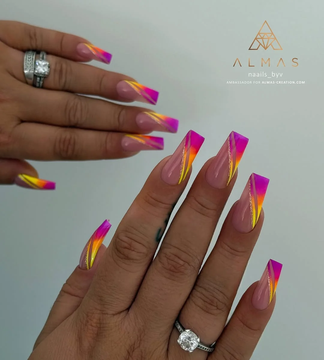 20 summer nails ballerina shape 2026 Sunset Neon French Tips for the Ultimate Vacation Mood