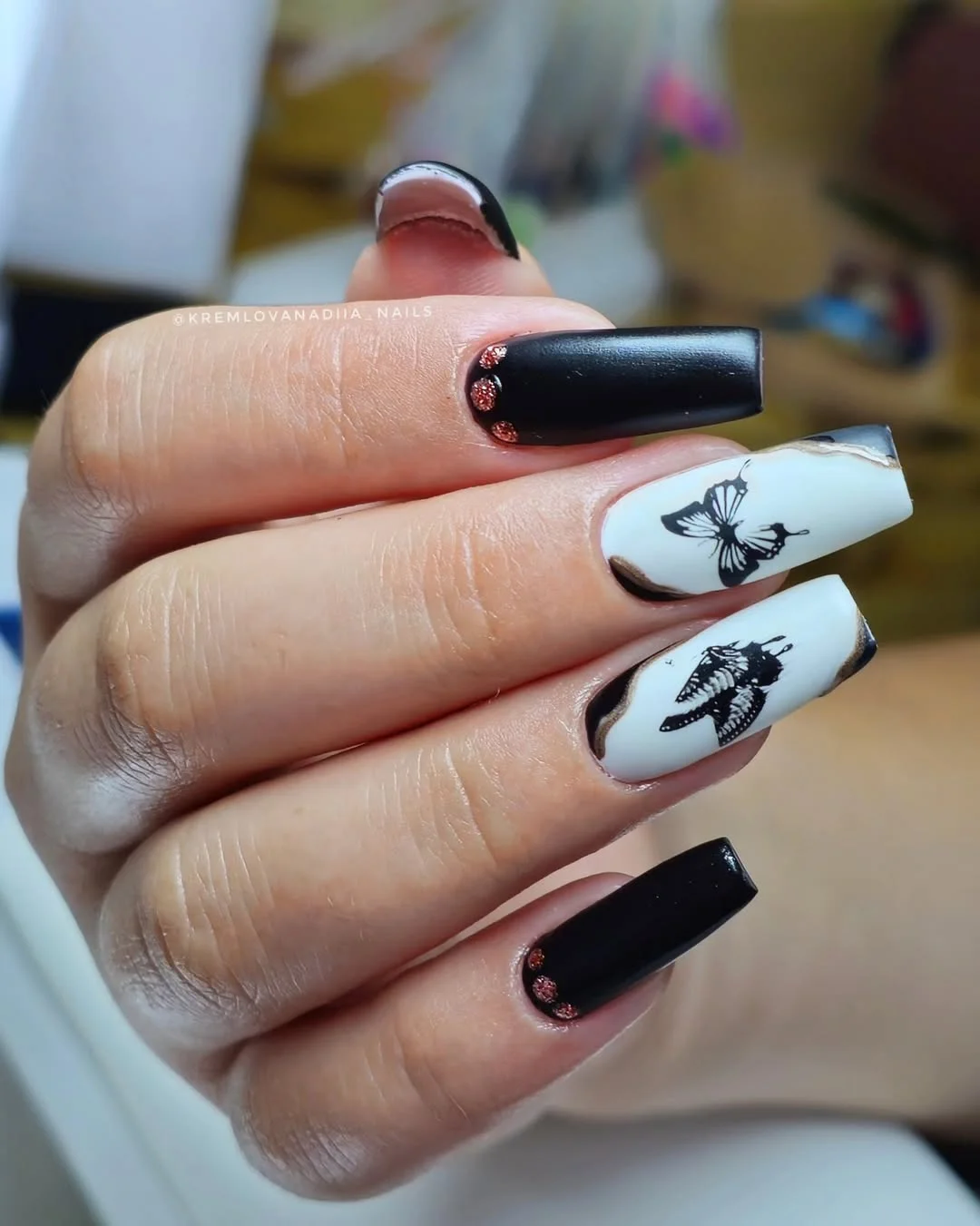 20 summer nails ballerina shape 2026 Black and White Butterfly Art with a Fashion Edge