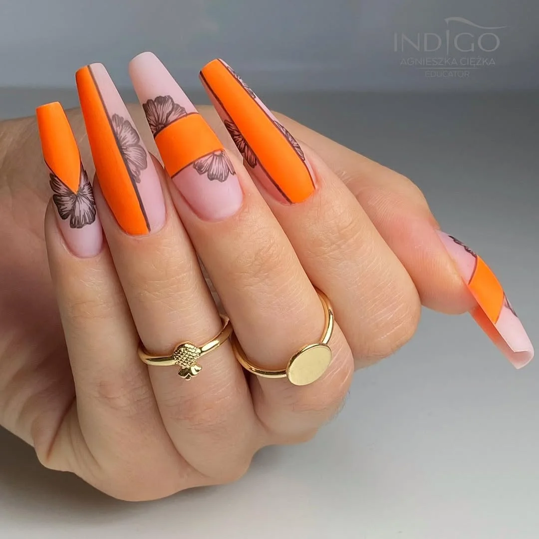 20 summer nails ballerina shape 2026 Bright Orange Florals for a Sunlit Seasonal Refresh
