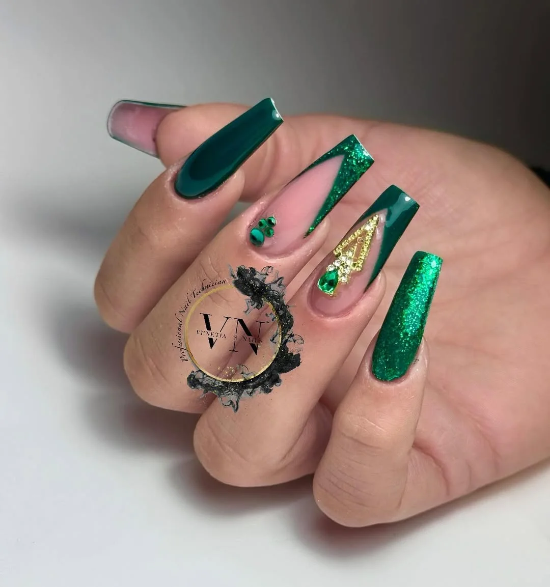 20 summer nails ballerina shape 2026 Emerald Green Glamour with Luxe Crystal Accents