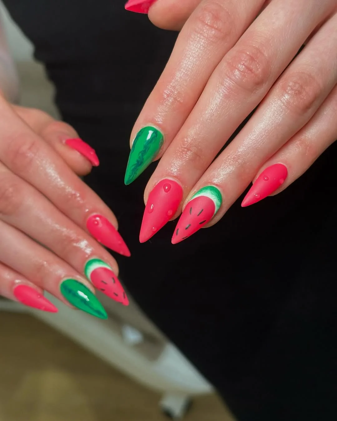 24 summer nails watermelon 2026 Matte Watermelon Stiletto Nails With Fresh Summer Drama