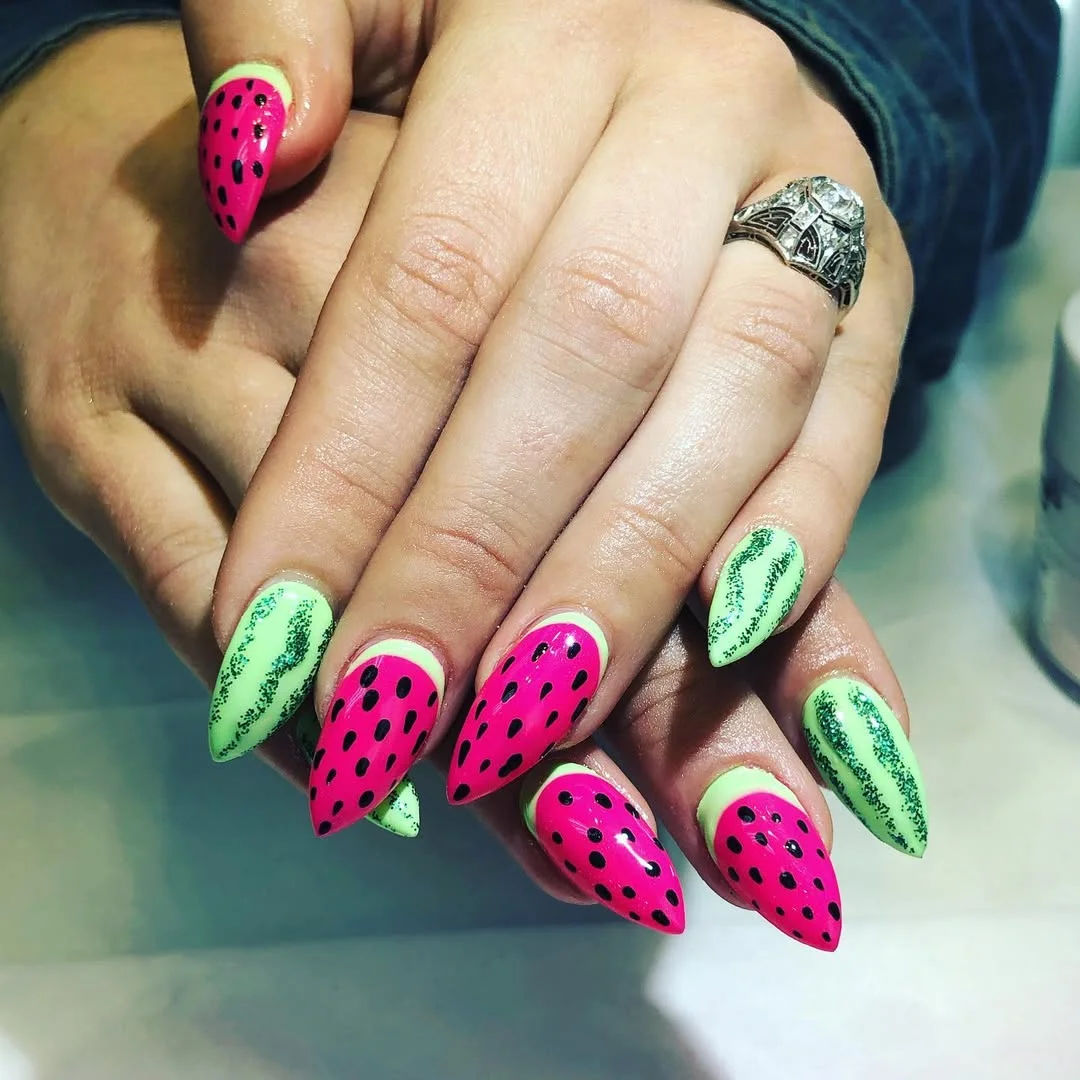 24 summer nails watermelon 2026 Neon Watermelon Stiletto Nails With a Tropical Edge