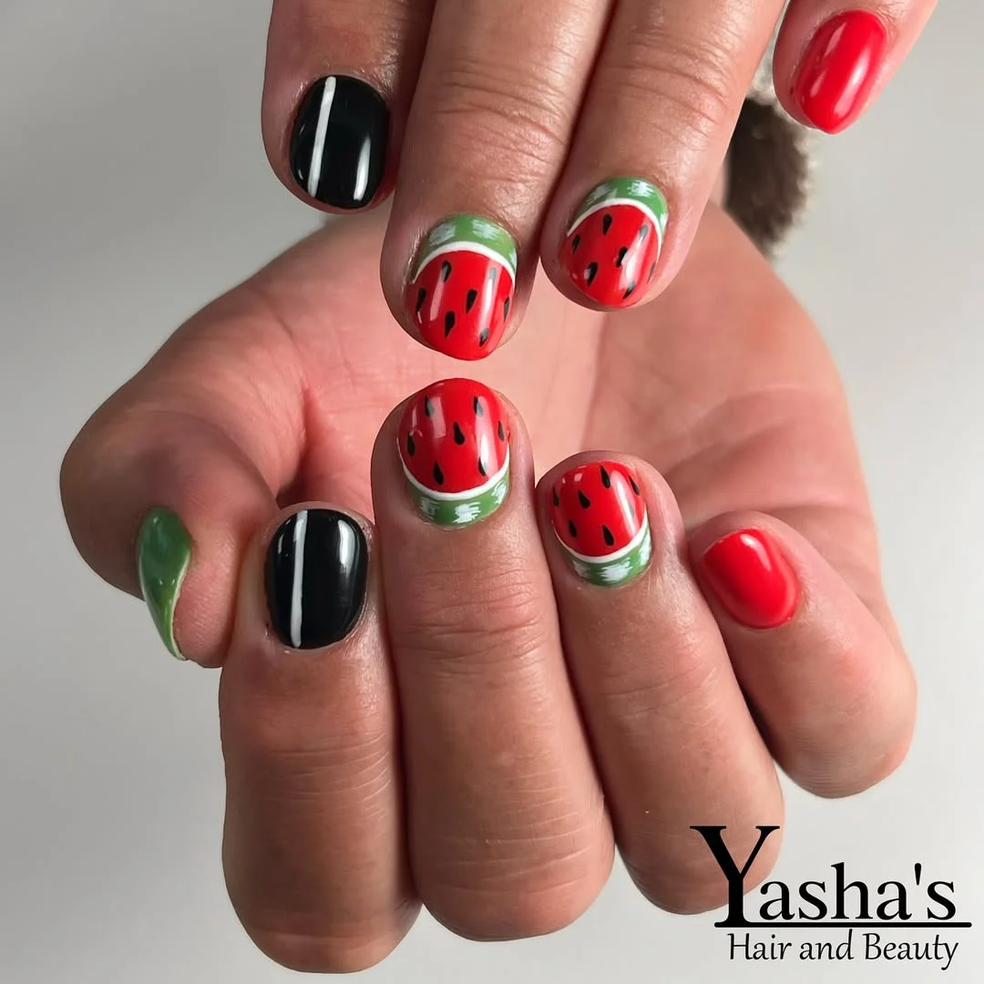 24 summer nails watermelon 2026 Classic Watermelon Short Nails With Graphic Contrast