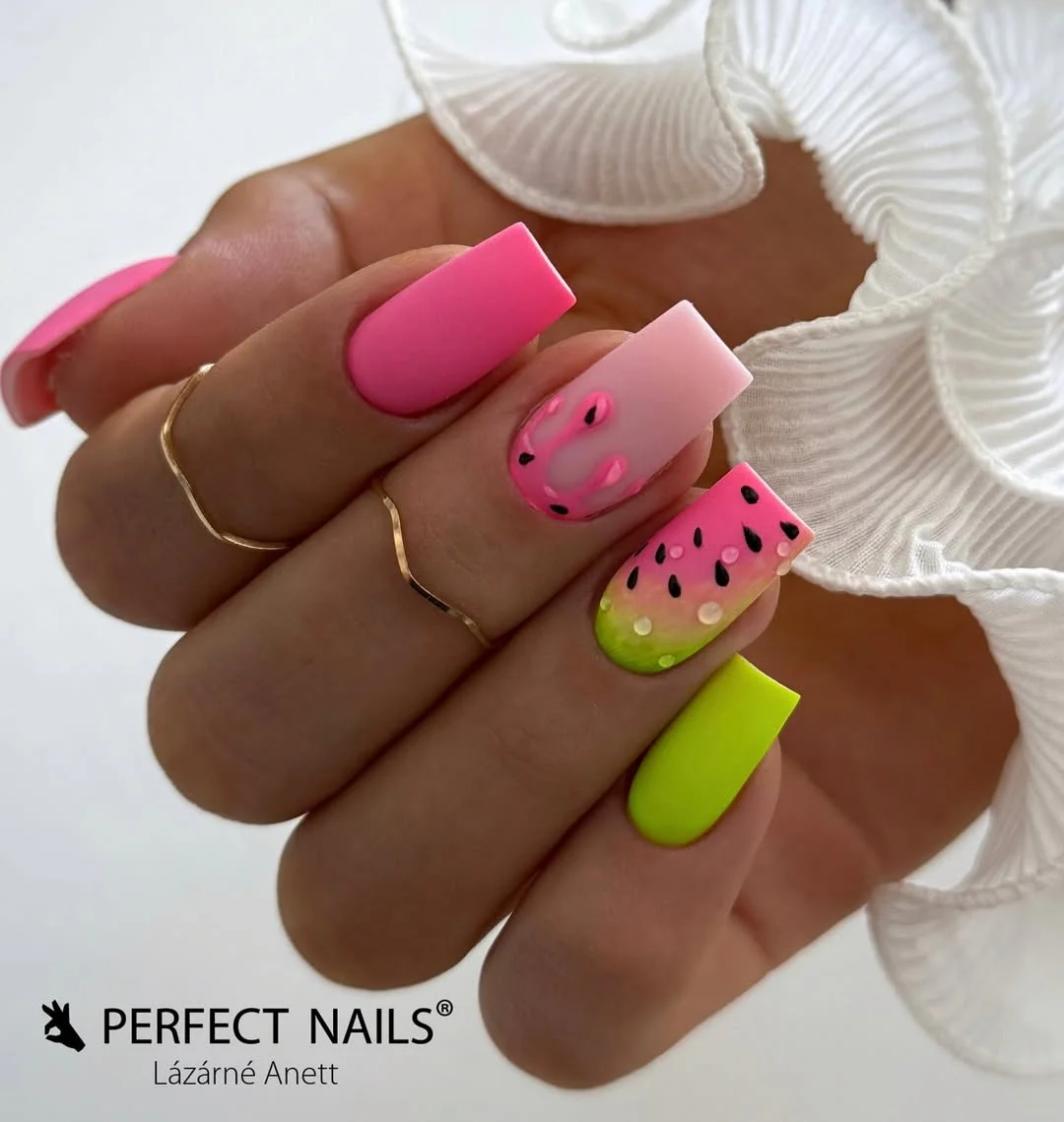 24 summer nails watermelon 2026 Matte Watermelon Square Nails With Neon Lime Accents