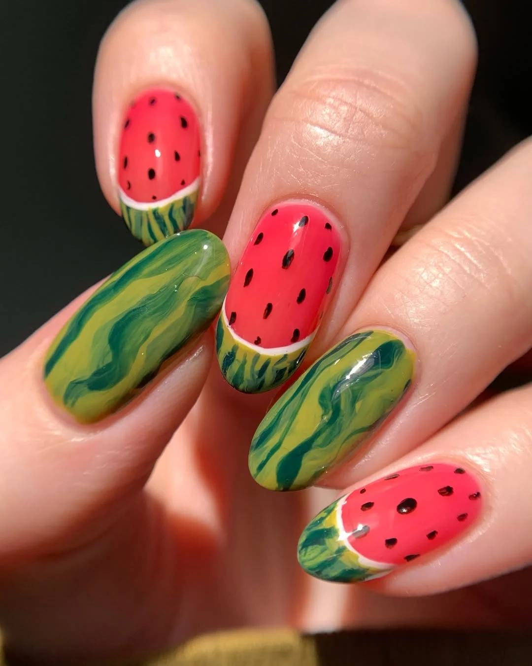 24 summer nails watermelon 2026 Marbled Watermelon Rind Nails With Artistic Texture