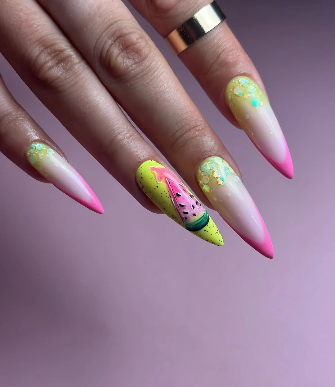 24 summer nails watermelon 2026 Pastel Watermelon Art With Delicate Glitter Details