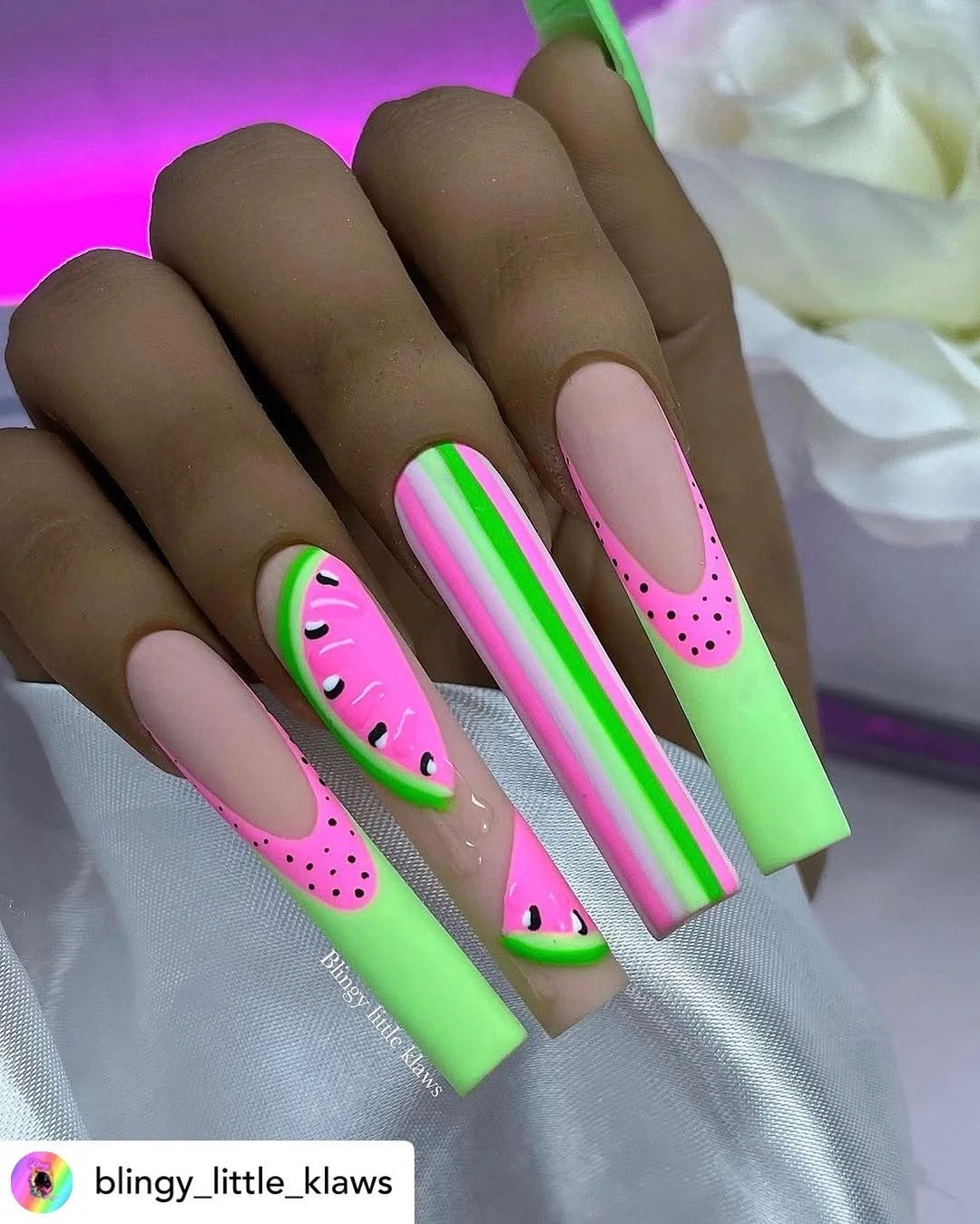 24 summer nails watermelon 2026 Graphic Watermelon Coffin Nails With Neon Stripes
