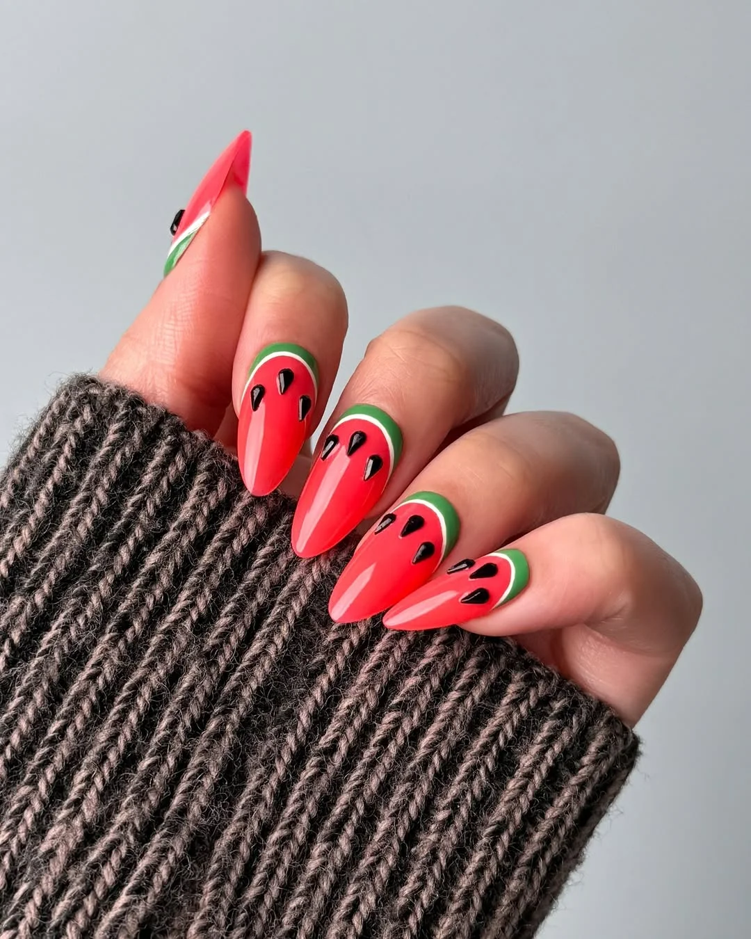 24 summer nails watermelon 2026 Glossy Watermelon Almond Nails With Modern Energy