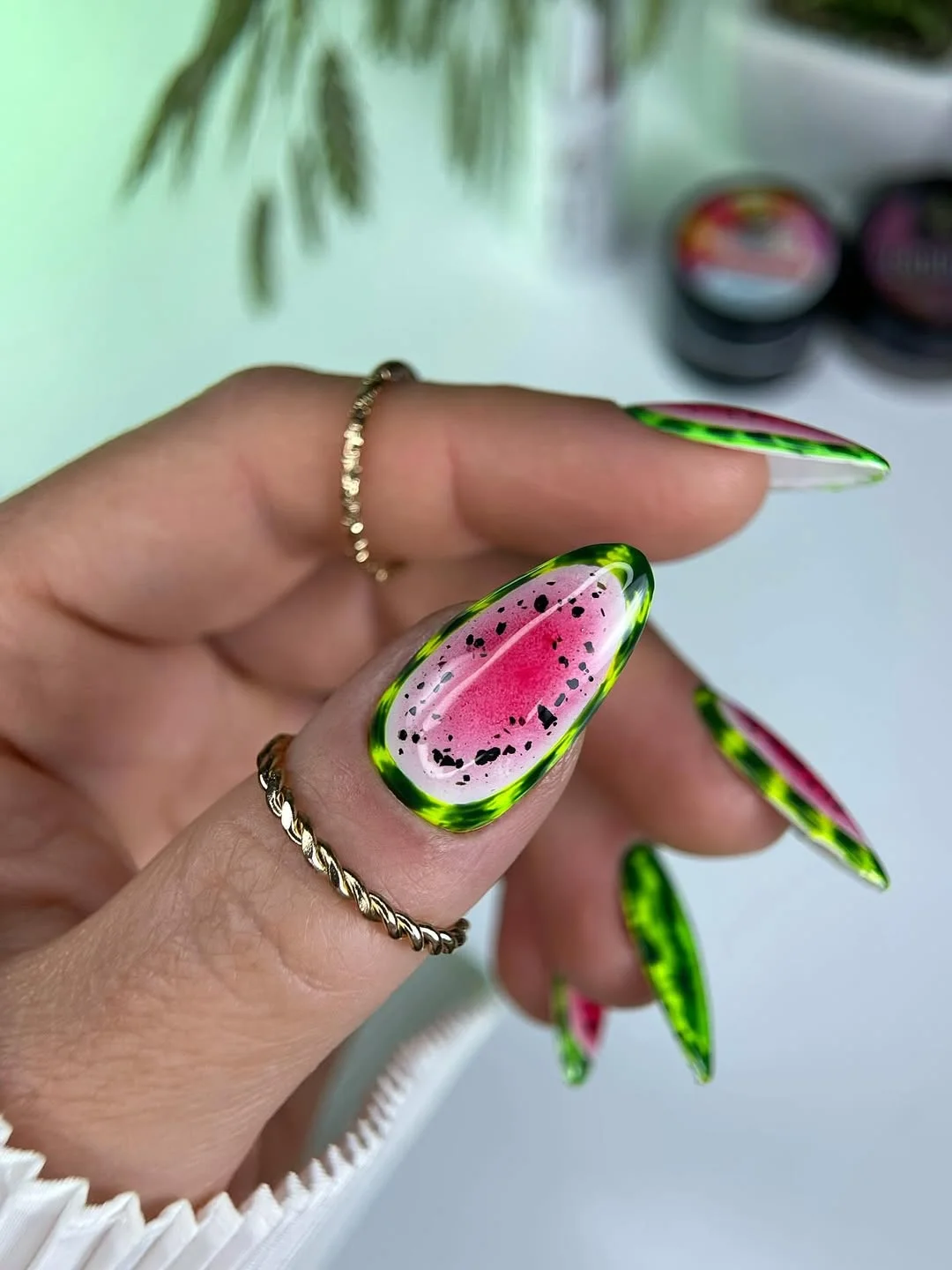 24 summer nails watermelon 2026 Artistic Watermelon Glass Nails With Neon Detail