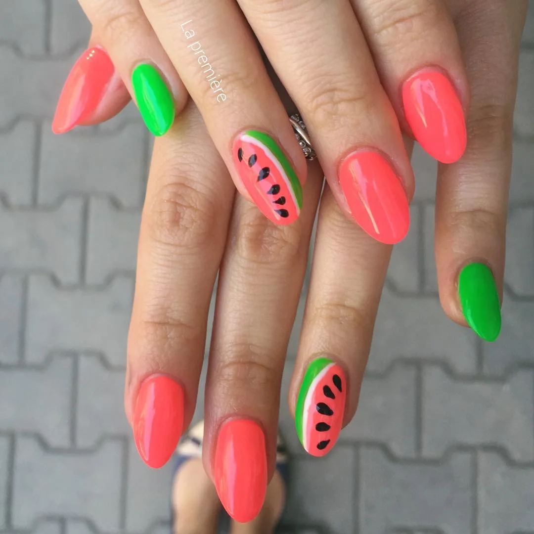 24 summer nails watermelon 2026 Neon Coral and Green Watermelon Nails That Glow All Season