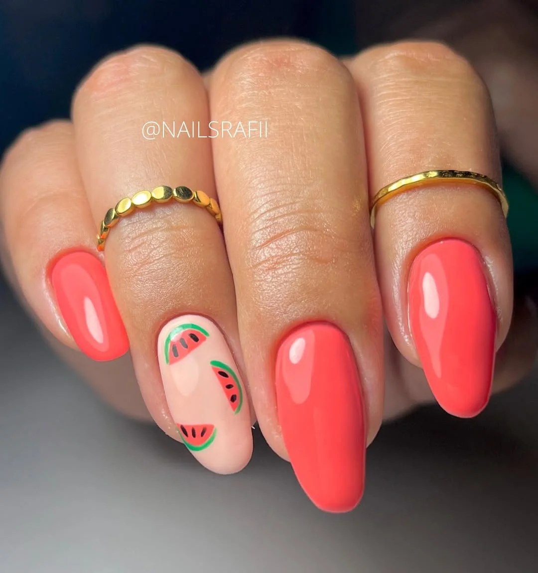 24 summer nails watermelon 2026 Soft Nude Watermelon Accents With Modern Elegance