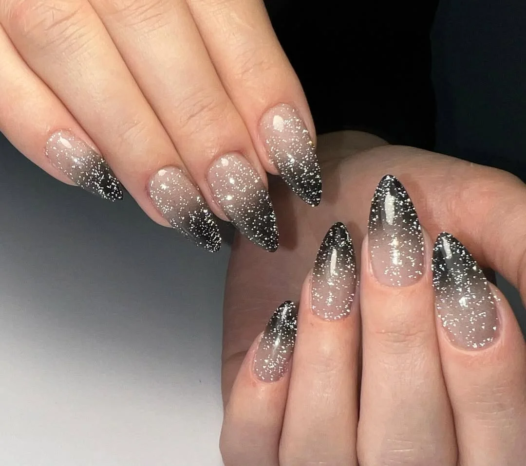 22 summer ombre nails 2026 midnight glitter ombre with smoky glamour