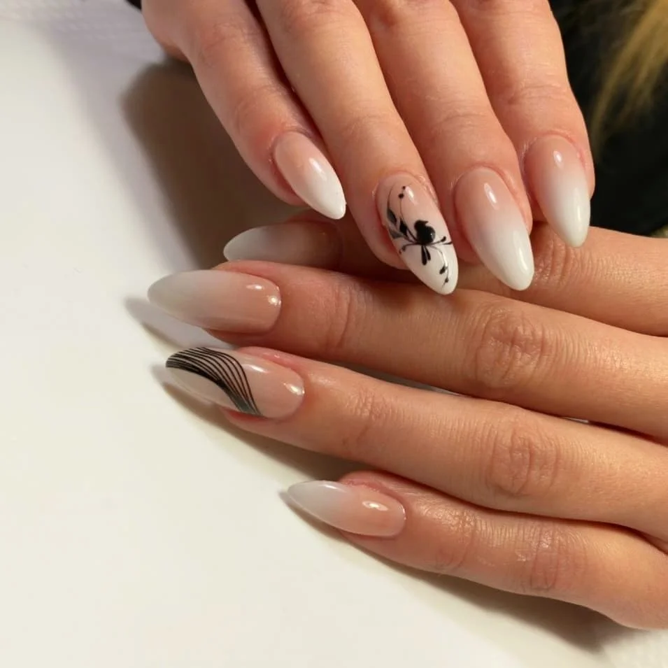 22 summer ombre nails 2026 soft white ombre with minimal black art