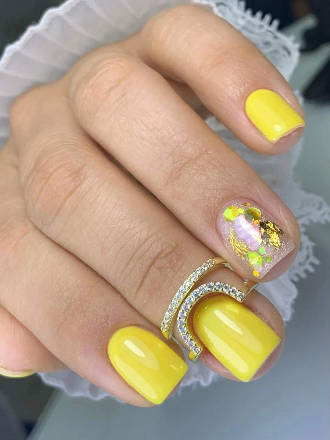 23 Summer yellow nails 2026 Butter Yellow Gloss With Iridescent Glitter Accents