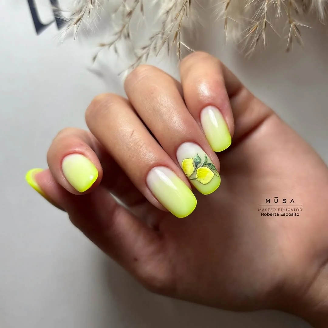 23 Summer yellow nails 2026 Soft Lime Ombre Nails With Delicate Lemon Branch Details