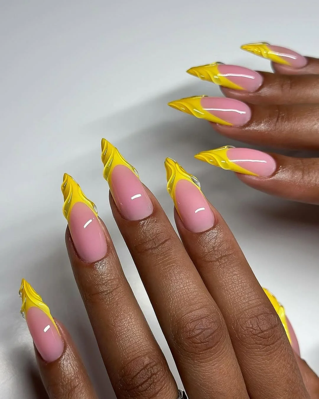 23 Summer yellow nails 2026 Sculpted Yellow Flame French Tips With Futuristic Energy