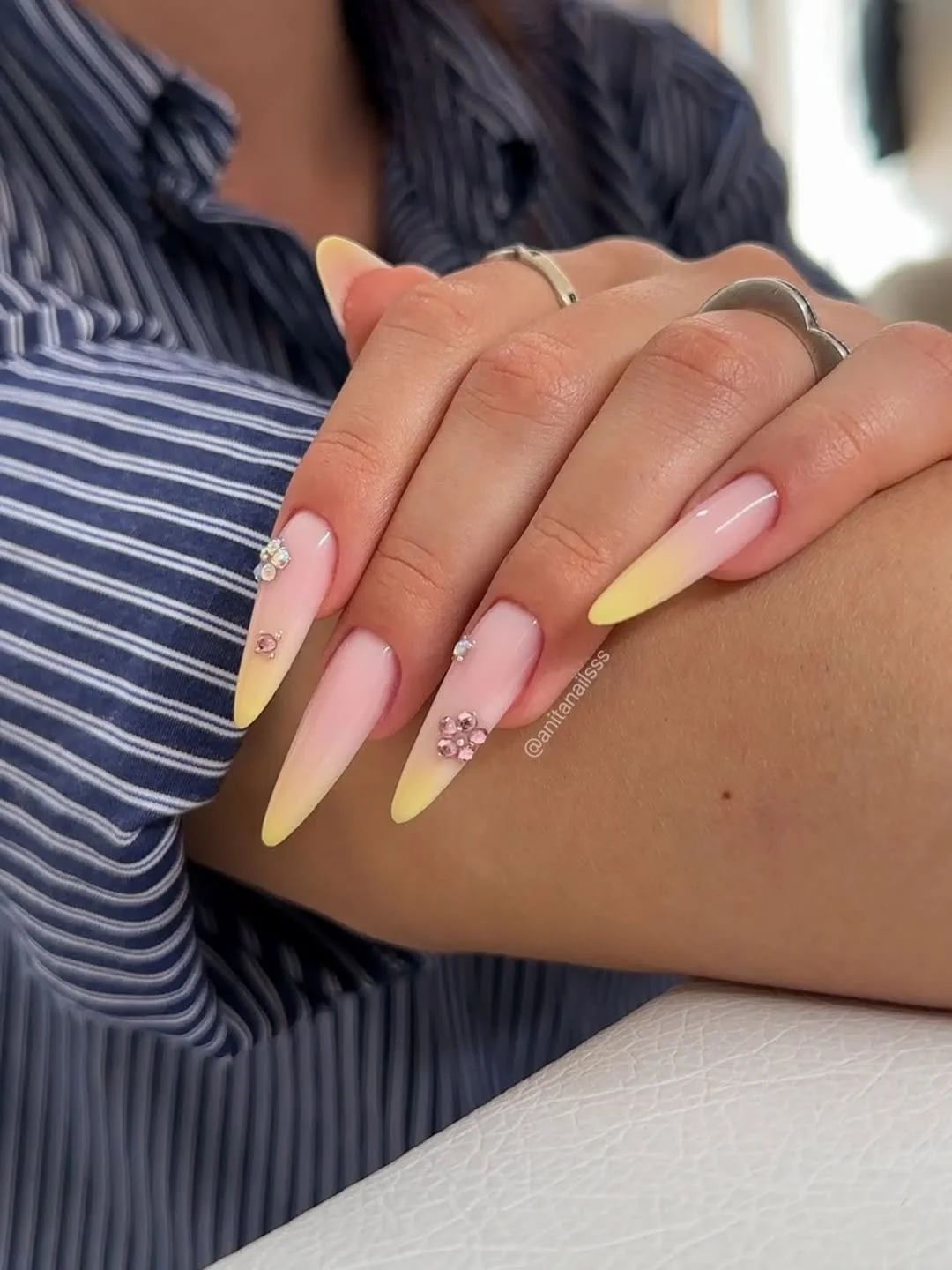 23 Summer yellow nails 2026 Blush Pink And Lemon Ombre Nails With Crystal Accents