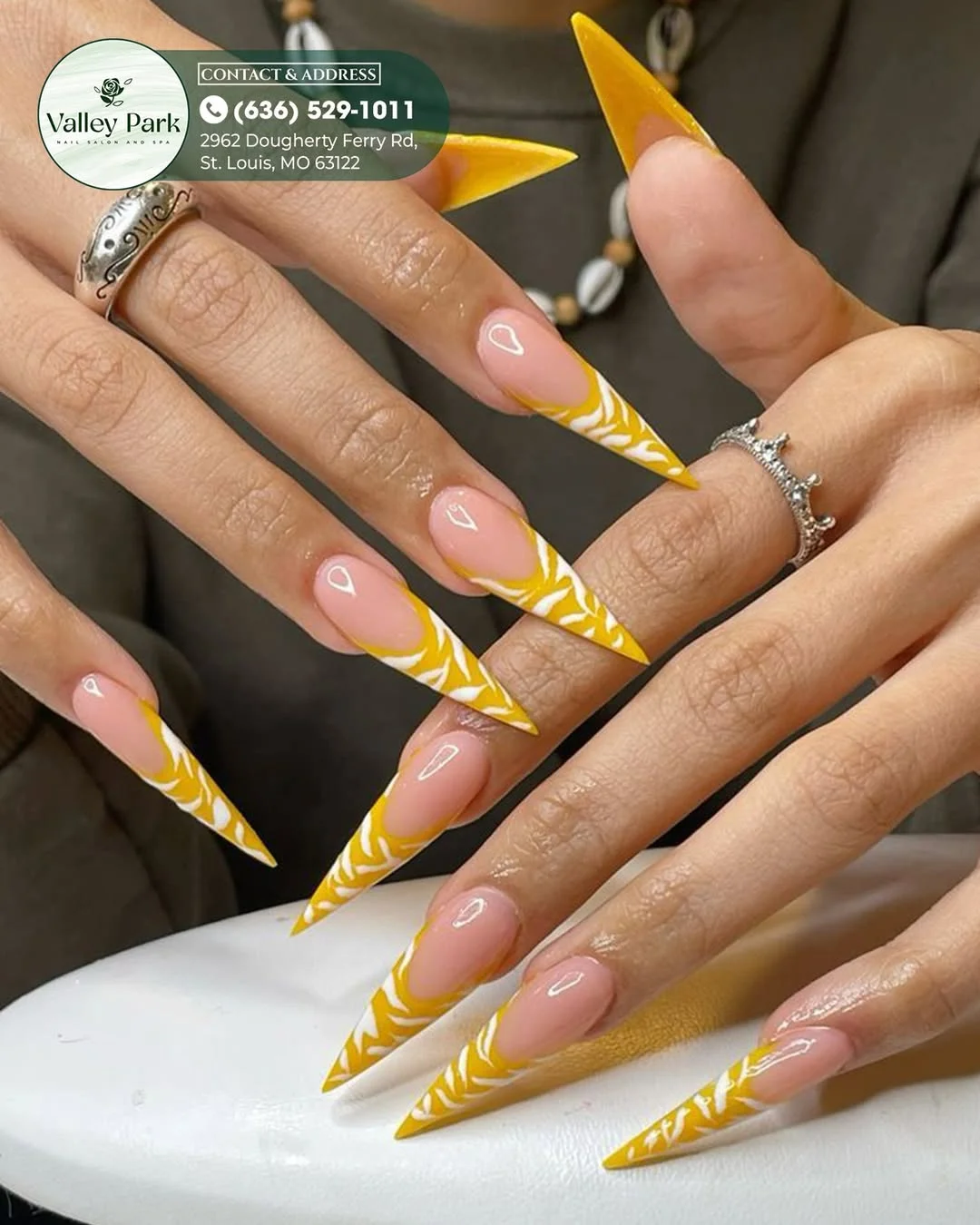 23 Summer yellow nails 2026 Abstract Swirl French Tips On Sharp Yellow Stiletto Nails