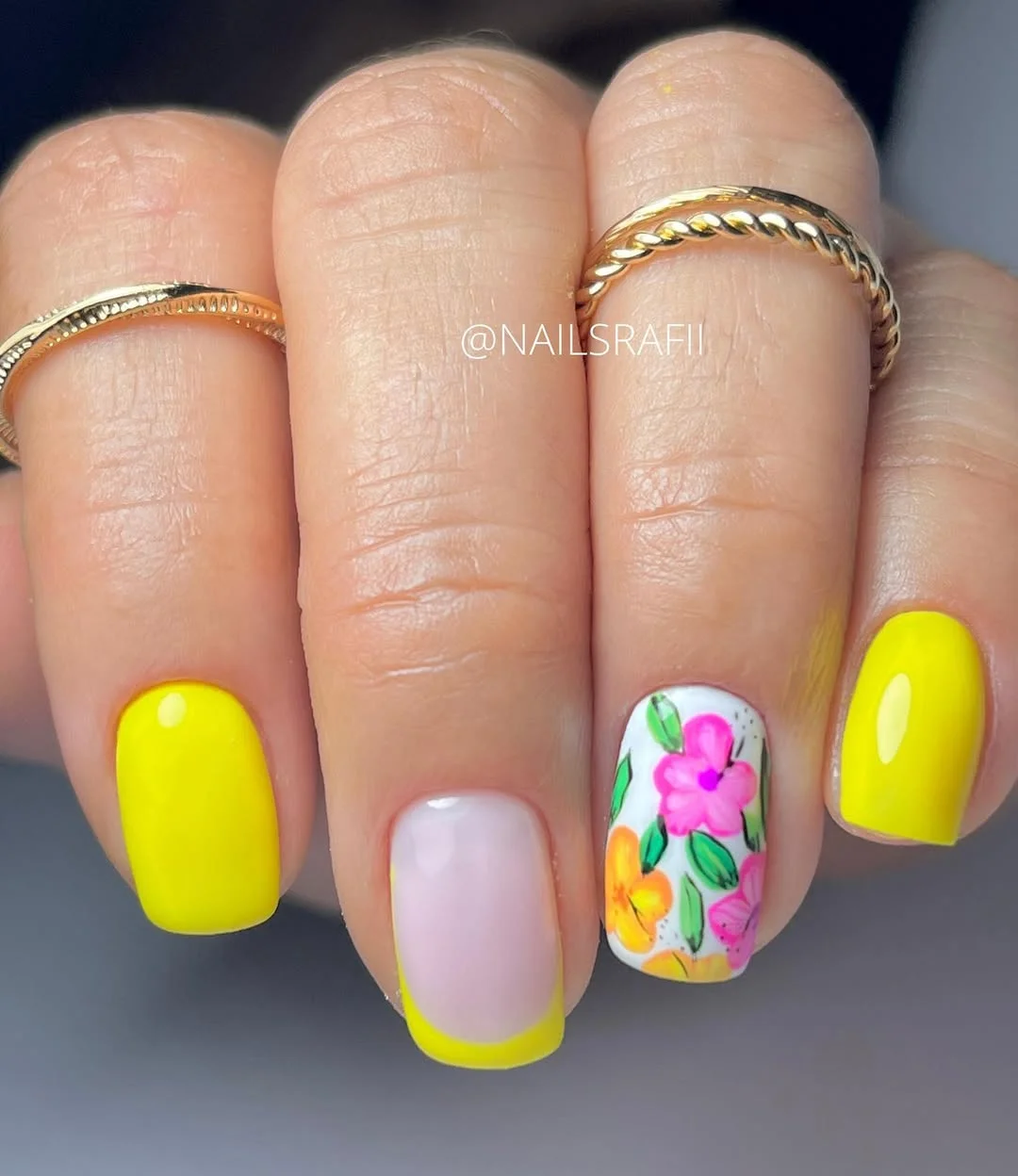 23 Summer yellow nails 2026 Minimal Neon Yellow French Tips With Bright Floral Accent Art