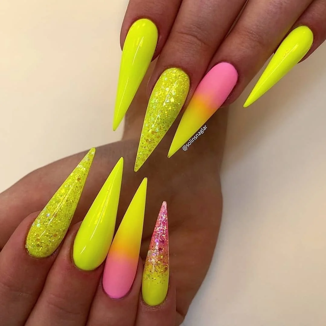 23 Summer yellow nails 2026 Neon Lemon And Pink Ombre Stiletto Nails With Glitter Drama