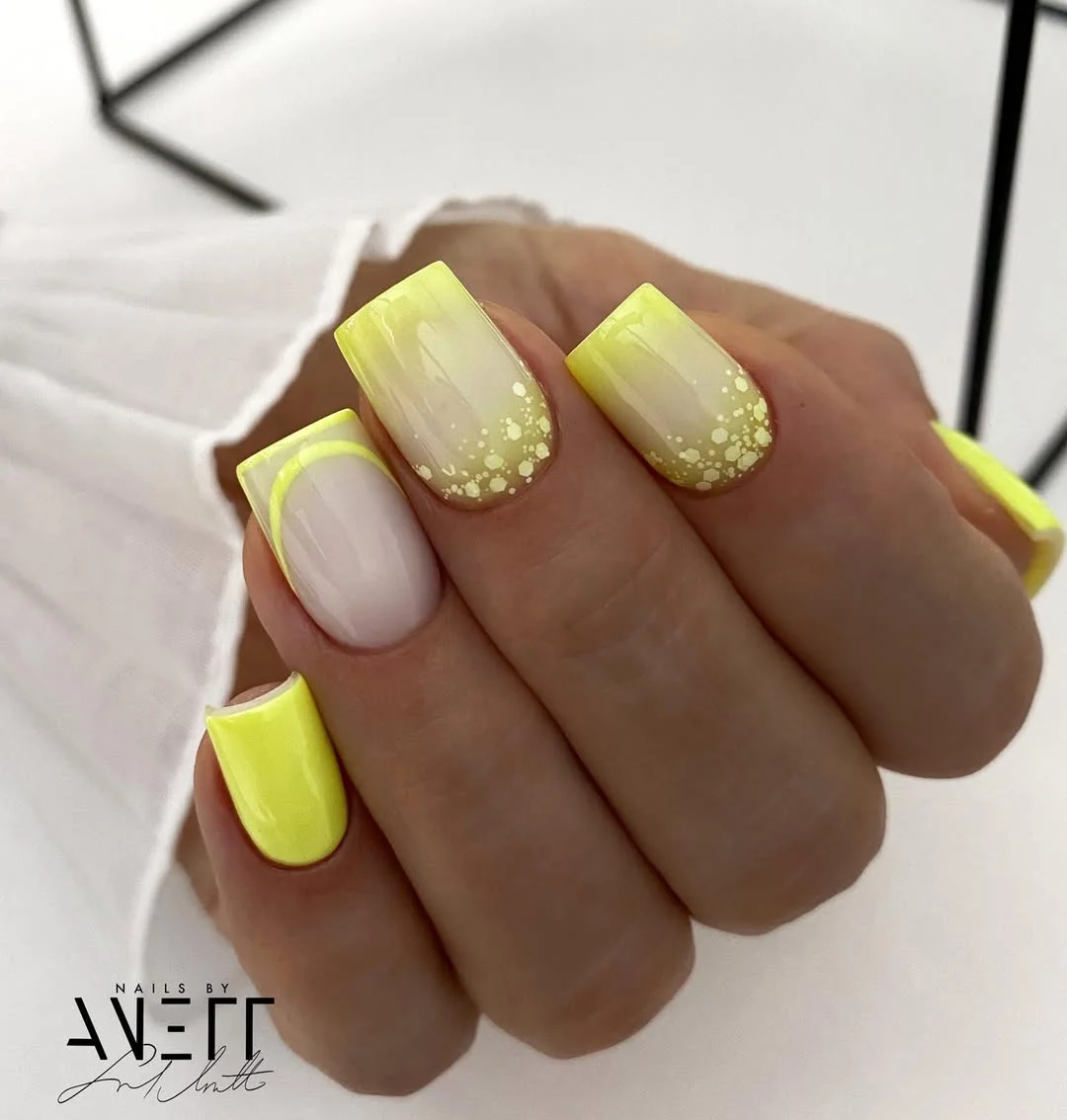 23 Summer yellow nails 2026 Soft Neon Yellow French Fade With Delicate Glitter Details