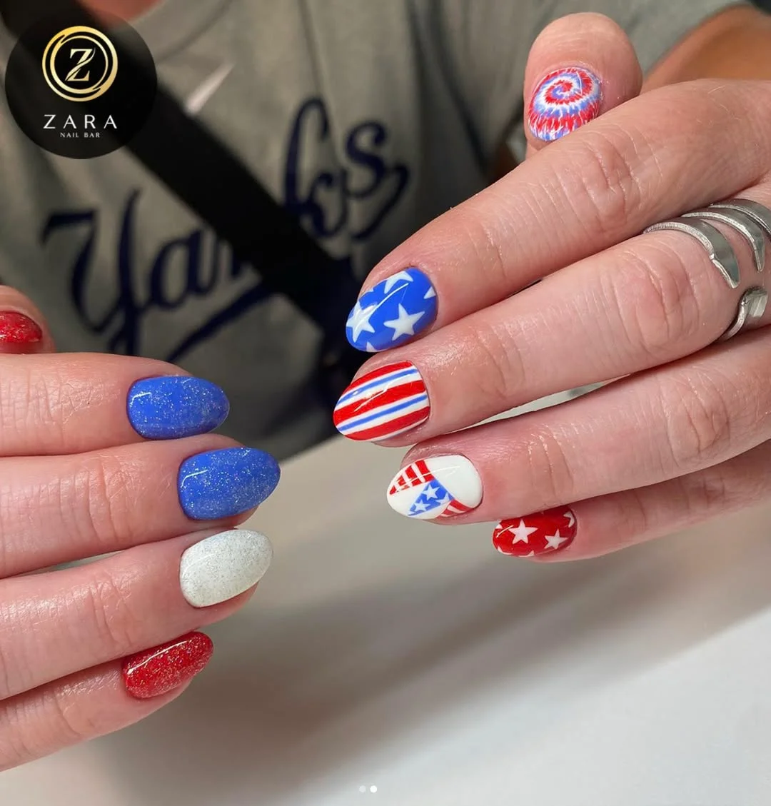 23 usa nails 2026 Mixed Americana Graphic Nails With Playful Contrast