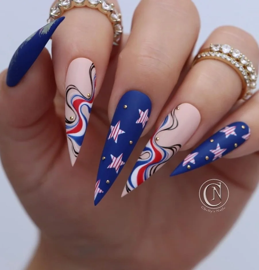 23 usa nails 2026 Swirled Star-Spangled Stiletto Nails