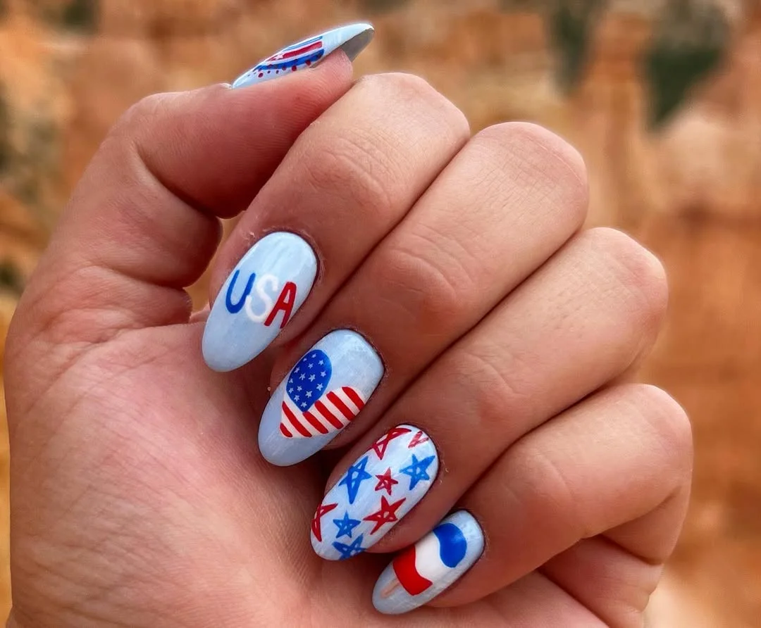 23 usa nails 2026 Soft Blue Americana Nails With Cute Retro Accents