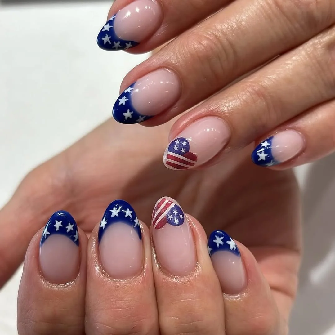 23 usa nails 2026 Minimal Blue Star French Tips With Soft Americana Details