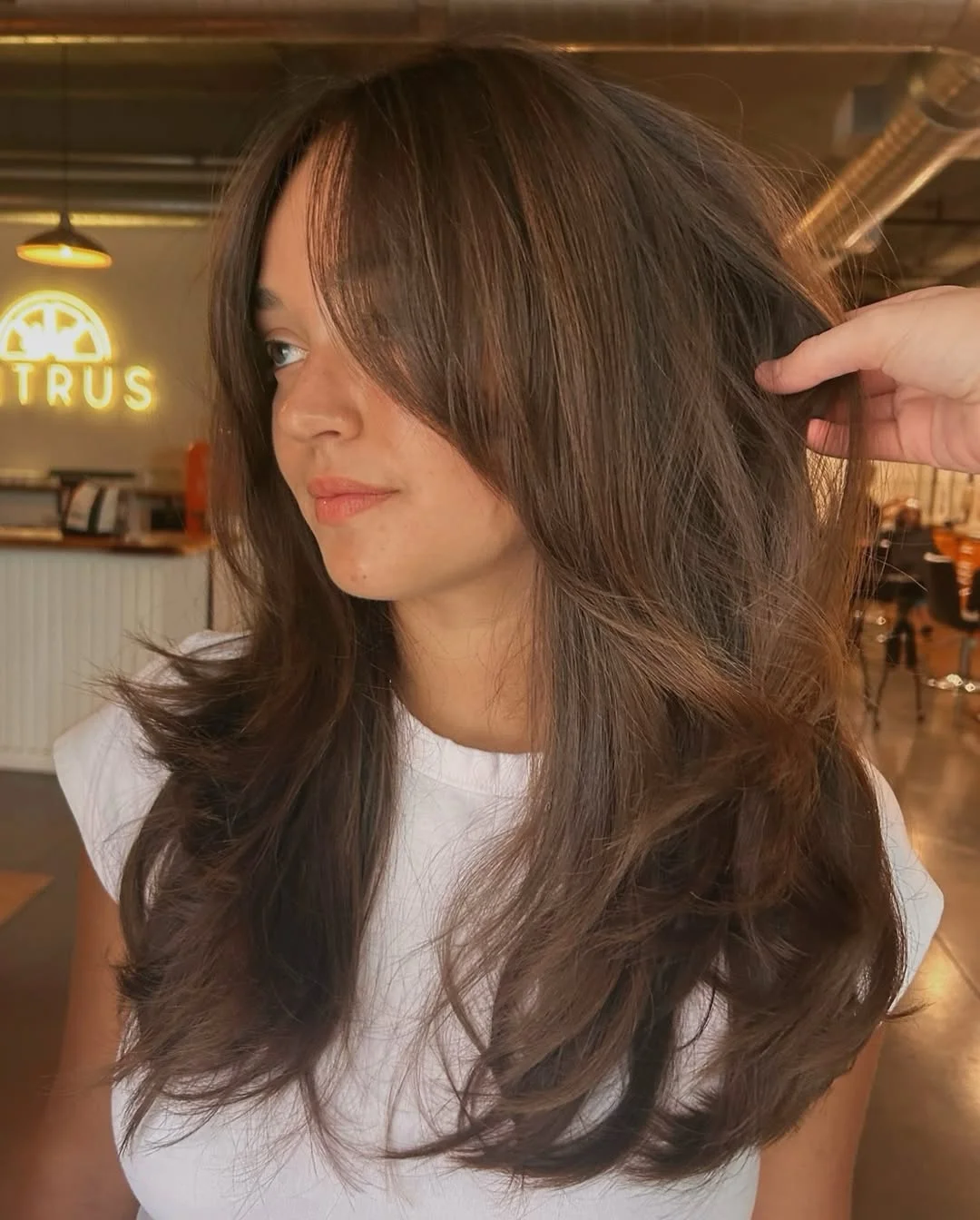 warm summer honey brown hair color 2026 Espresso Honey Layers With Soft Curtain Movement
