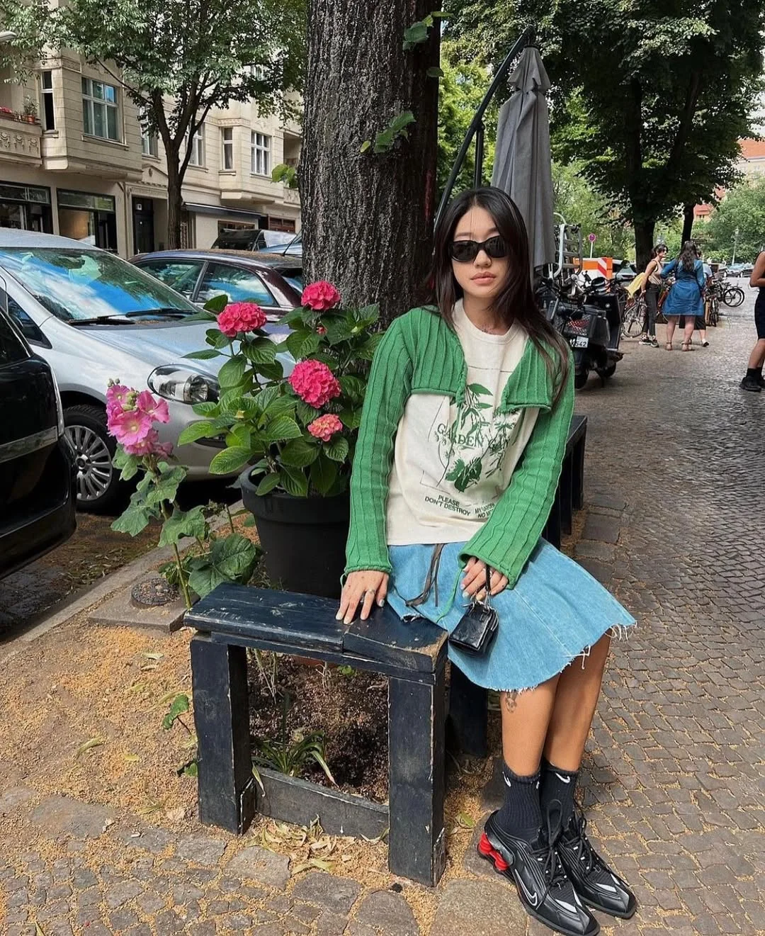 18 back to school outfits 2026 Green Cardigan and Denim Skirt Streetwear Look