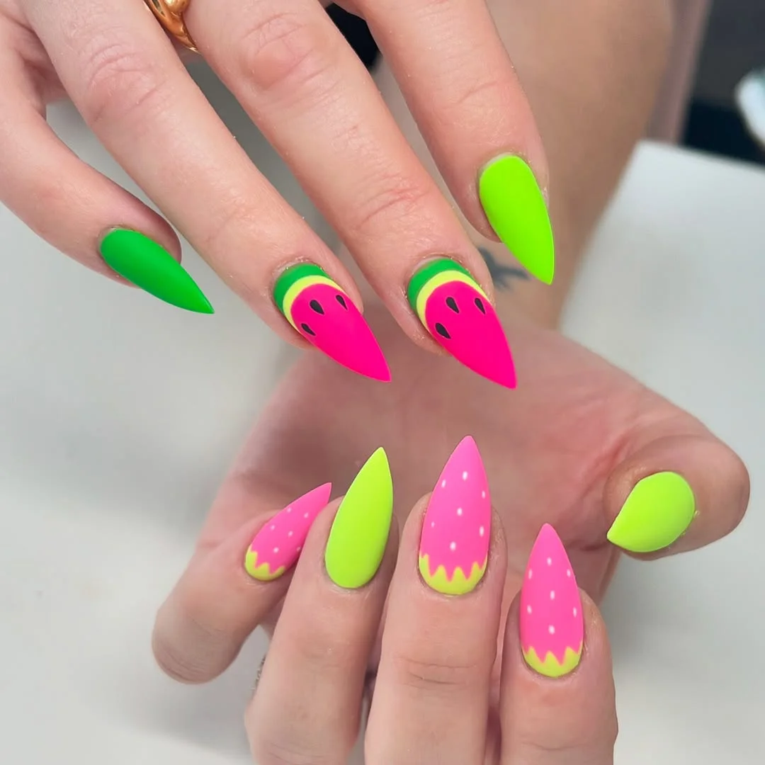 23 bright summer nails 2026 Neon Watermelon Nails That Feel Made for Poolside Weekends