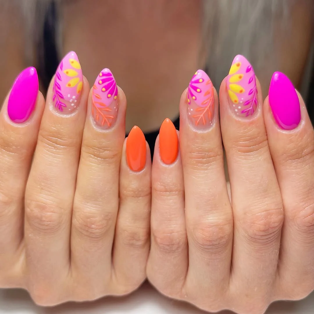 23 bright summer nails 2026 Sunset Botanical Nails in Bright Summer Hues