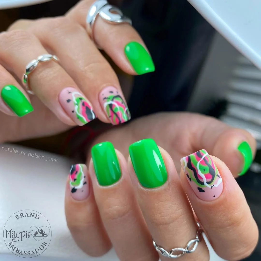 23 bright summer nails 2026 Electric Lime Abstract Nails With Modern Neon Contrast