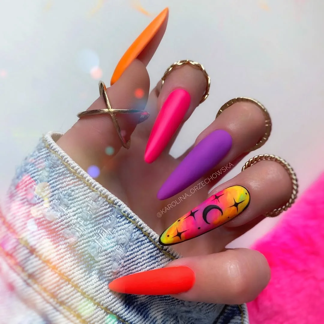 23 bright summer nails 2026 Cosmic Sunset Nails in Neon Festival Colors