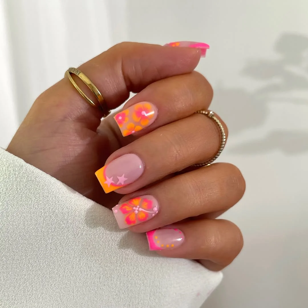 23 bright summer nails 2026 Retro Neon Flowers and Stars for a Playful Summer Mood